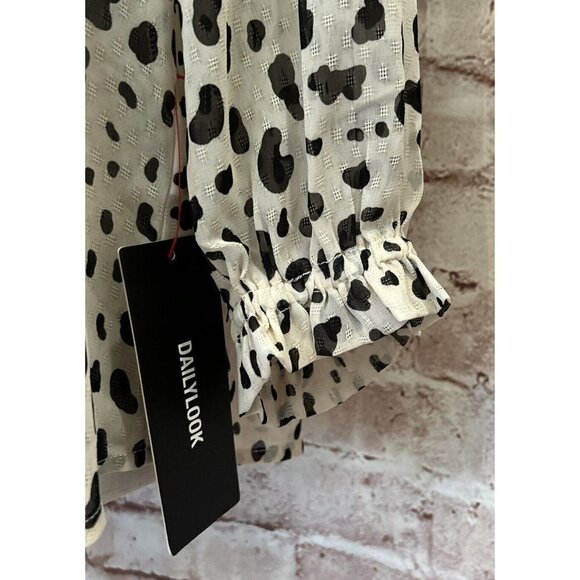 Collective Concepts Womens S Popover Blouse Ivory Cheetah Ruffle Tie Neck Sheer - Picture 4 of 6